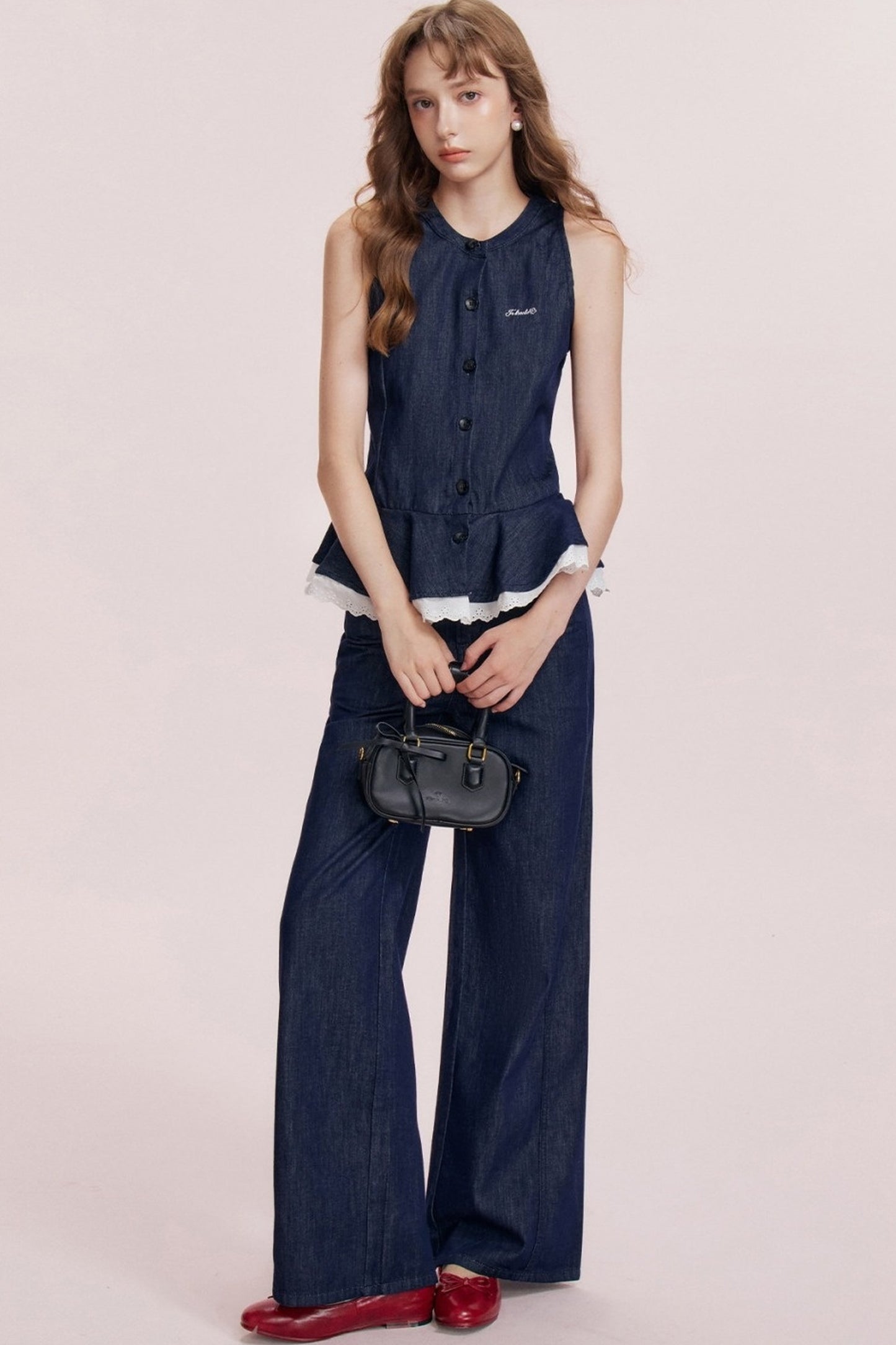 French Ruffle Denim Vest and Wide-Leg Pants Set-Up