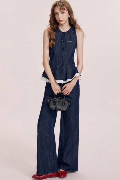 French Ruffle Denim Vest and Wide-Leg Pants Set-Up