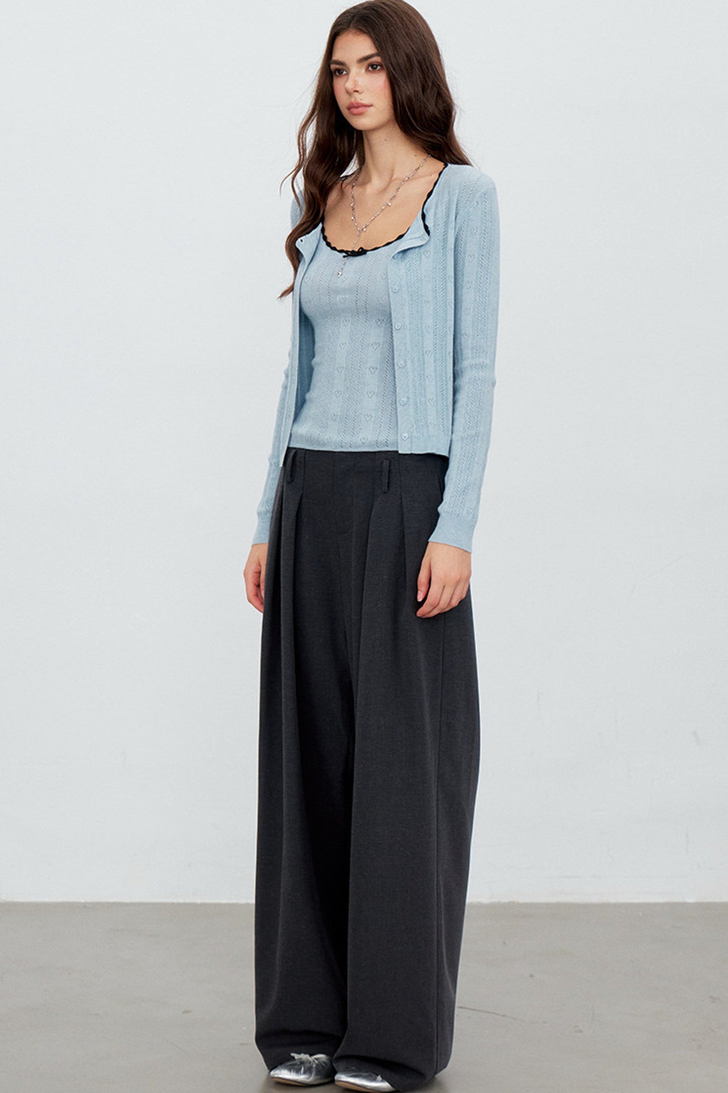 Heart Hollow Ruffle Knit Camisole And Cardigan Set-Up