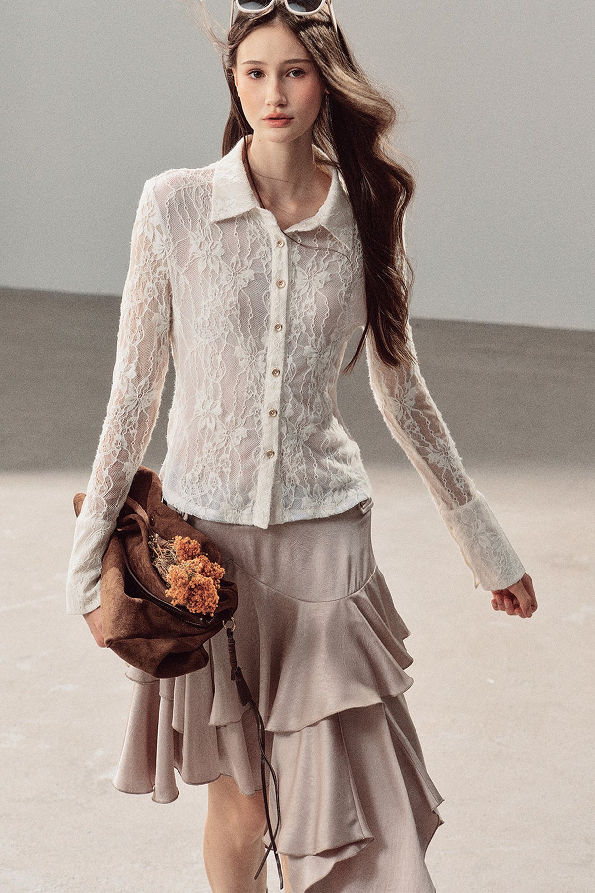 Vine Texture Hollow-Out Lace Polo Shirt