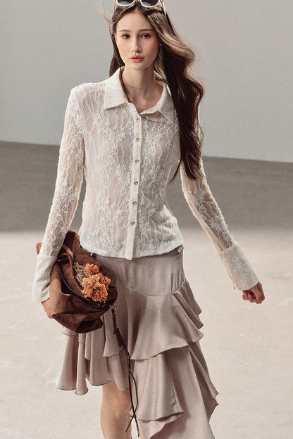 Vine Texture Hollow-Out Lace Polo Shirt