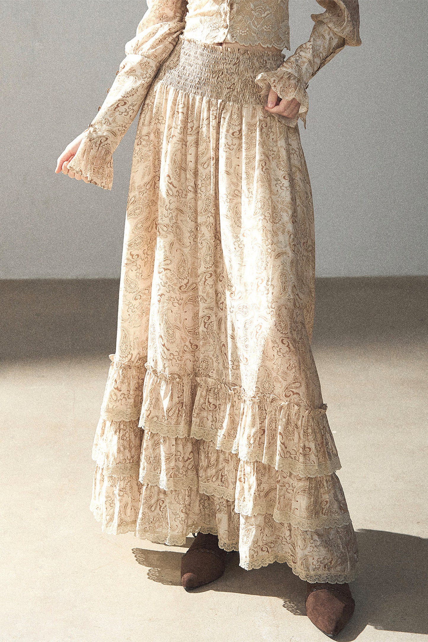 Retro Printed Chiffon Blouse and Skirt Set-Up