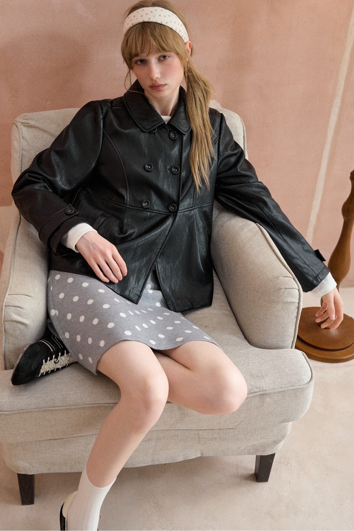 Collar Pleated Leather Jacket