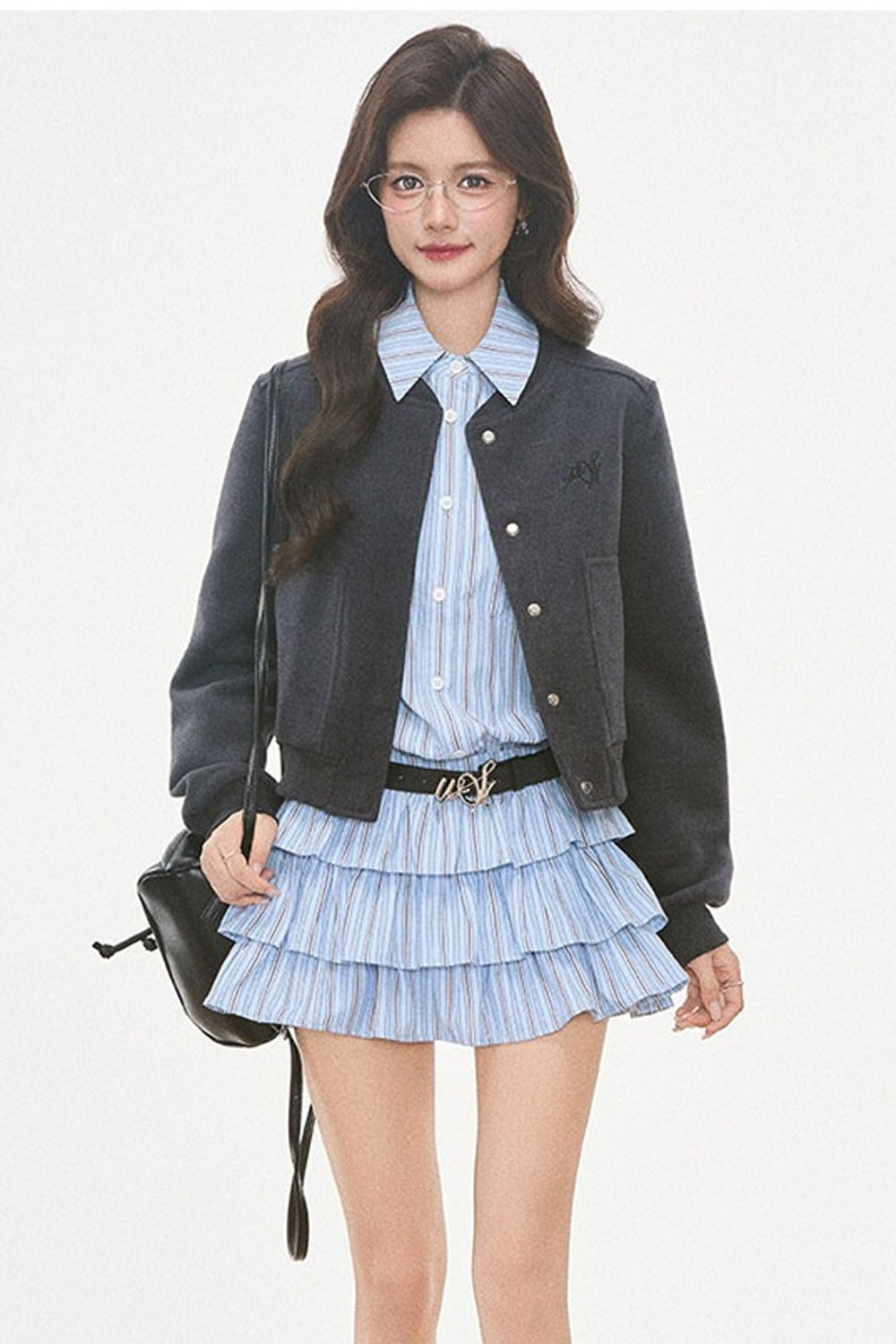 Woolen Baseball Jacket with Tiered Shirt Dress Set-Up