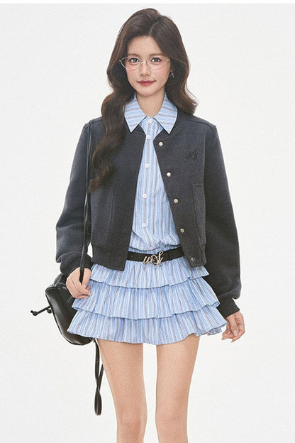 Woolen Baseball Jacket with Tiered Shirt Dress Set-Up