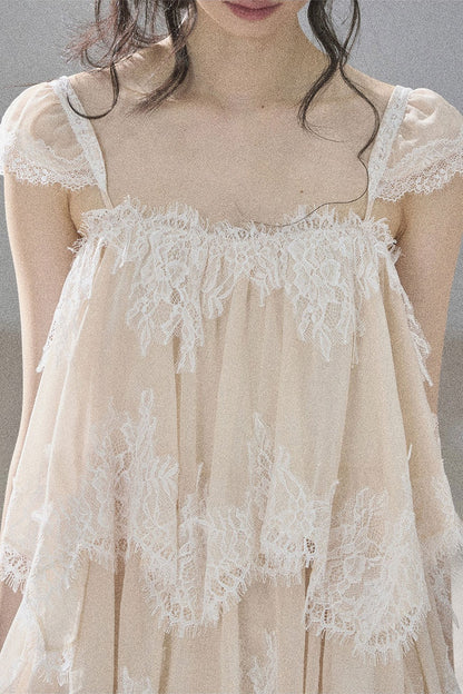 Asymmetric French Lace Mesh Top Set