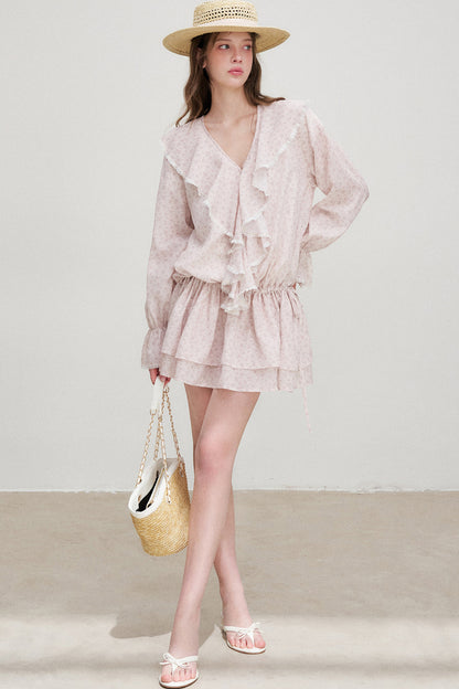 Floral Ruffle V-Neck Long-Sleeve Dress
