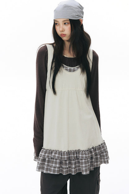 Plaid Ruffle Sleeveless Knit Vest Dress