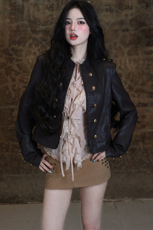 Napoleon Double-Breasted Short Leather Jacket