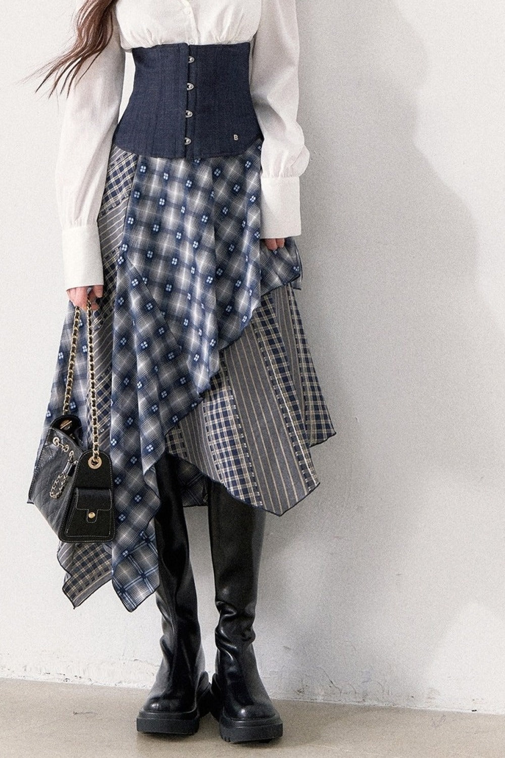 White Shirt and Denim Waistband Asymmetrical Plaid Skirt Set-Up