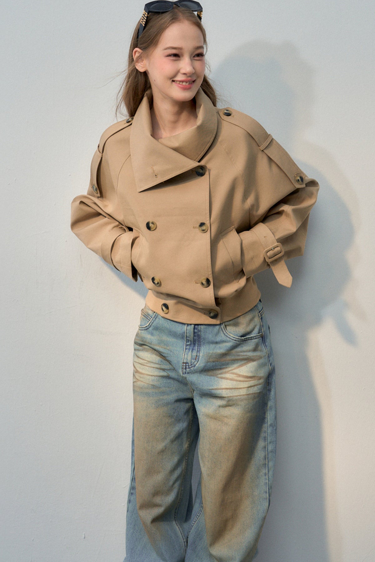 Short Double-Breasted Khaki Trench Coat