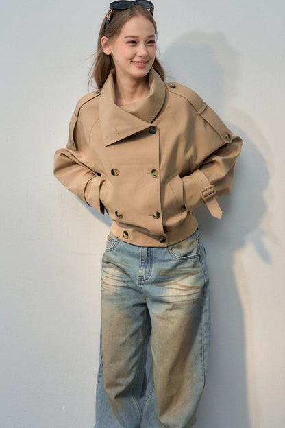 Short Double-Breasted Khaki Trench Coat