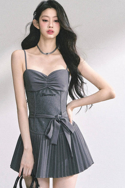 Gray Spaghetti Strap Puffy Dress