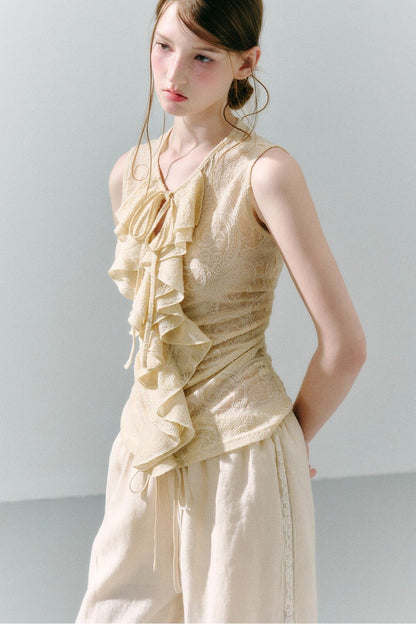 White Peach Wool Lace Ruffle Vest