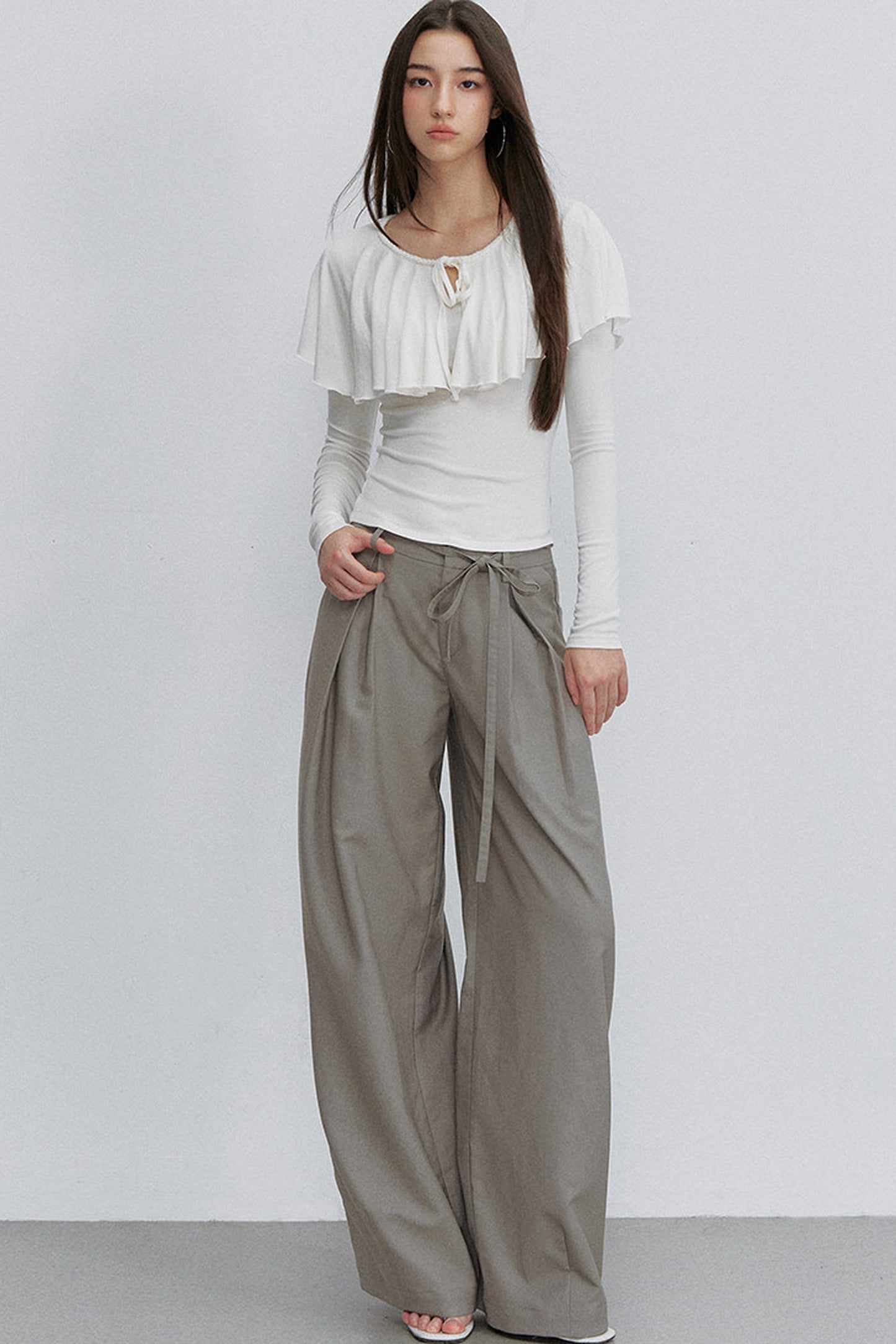 Tie-Front Ruffle Cape Long Sleeve Top