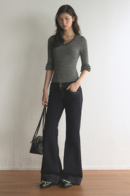 Striped Ruffled Patchwork Mid-Sleeve Top and Pants Set-Up