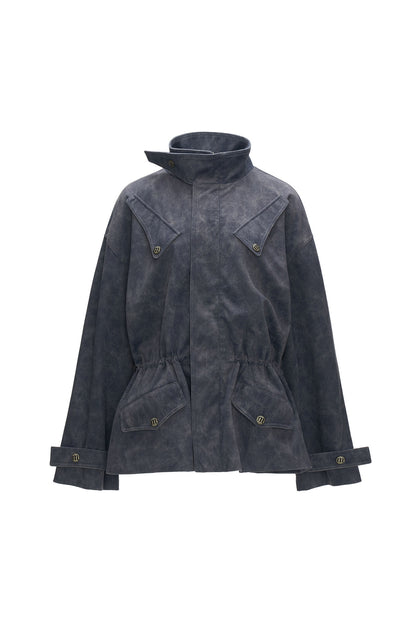 Giacca a righe in finta pelle scamosciata con coulisse