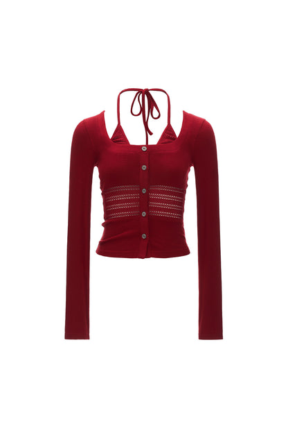 Long-Sleeve Halter Button Hollow-Out Cardigan