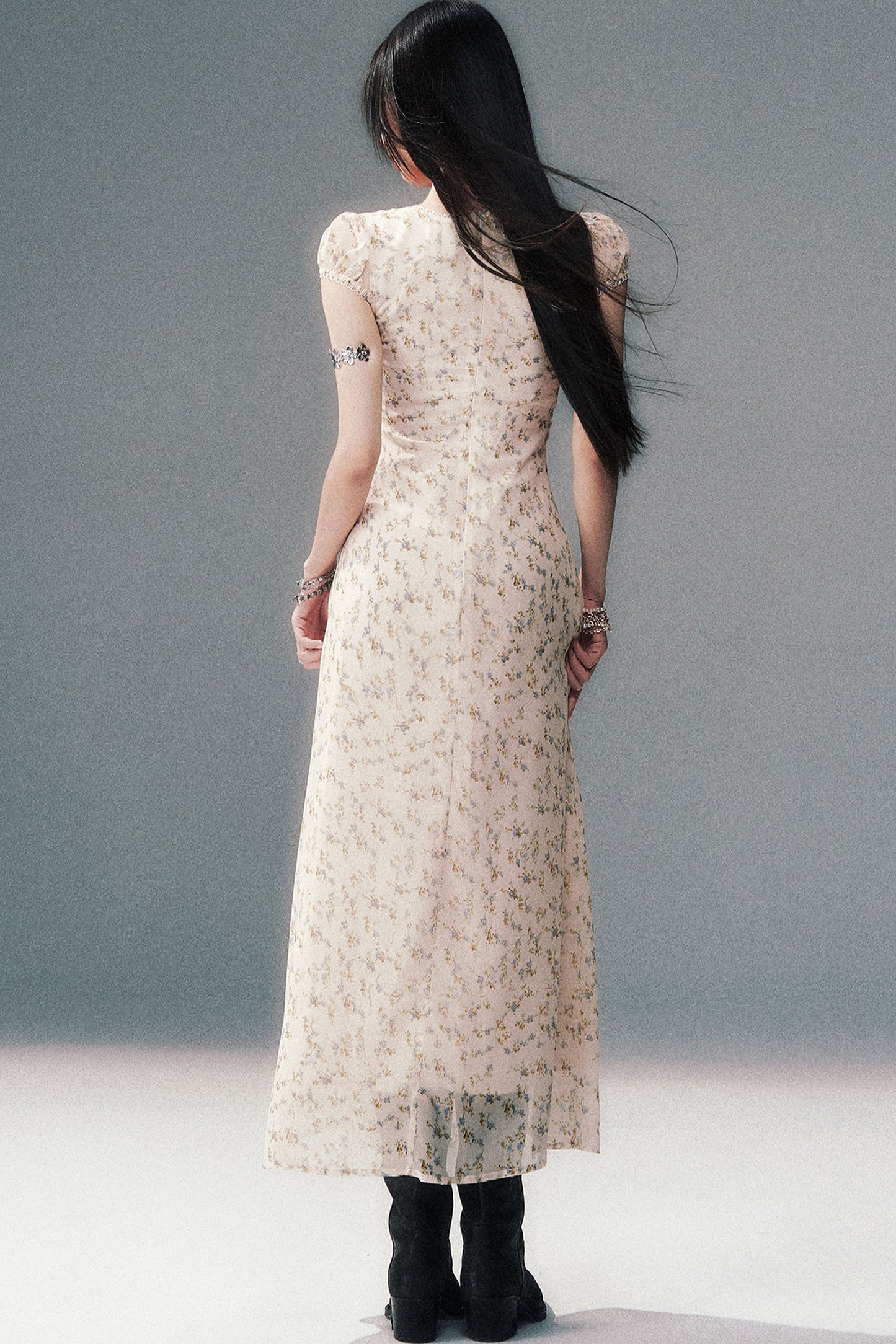 Light Yellow Floral Lace V-Neck Long Dress