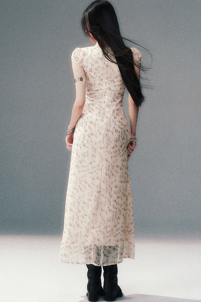 Light Yellow Floral Lace V-Neck Long Dress