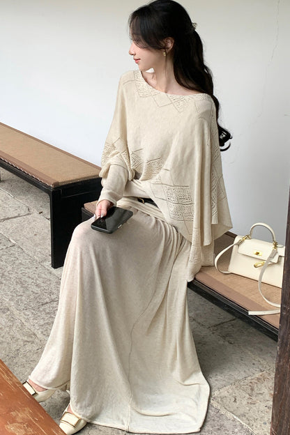 Three-Way Drape Collar Knit Shawl and Skirt Set