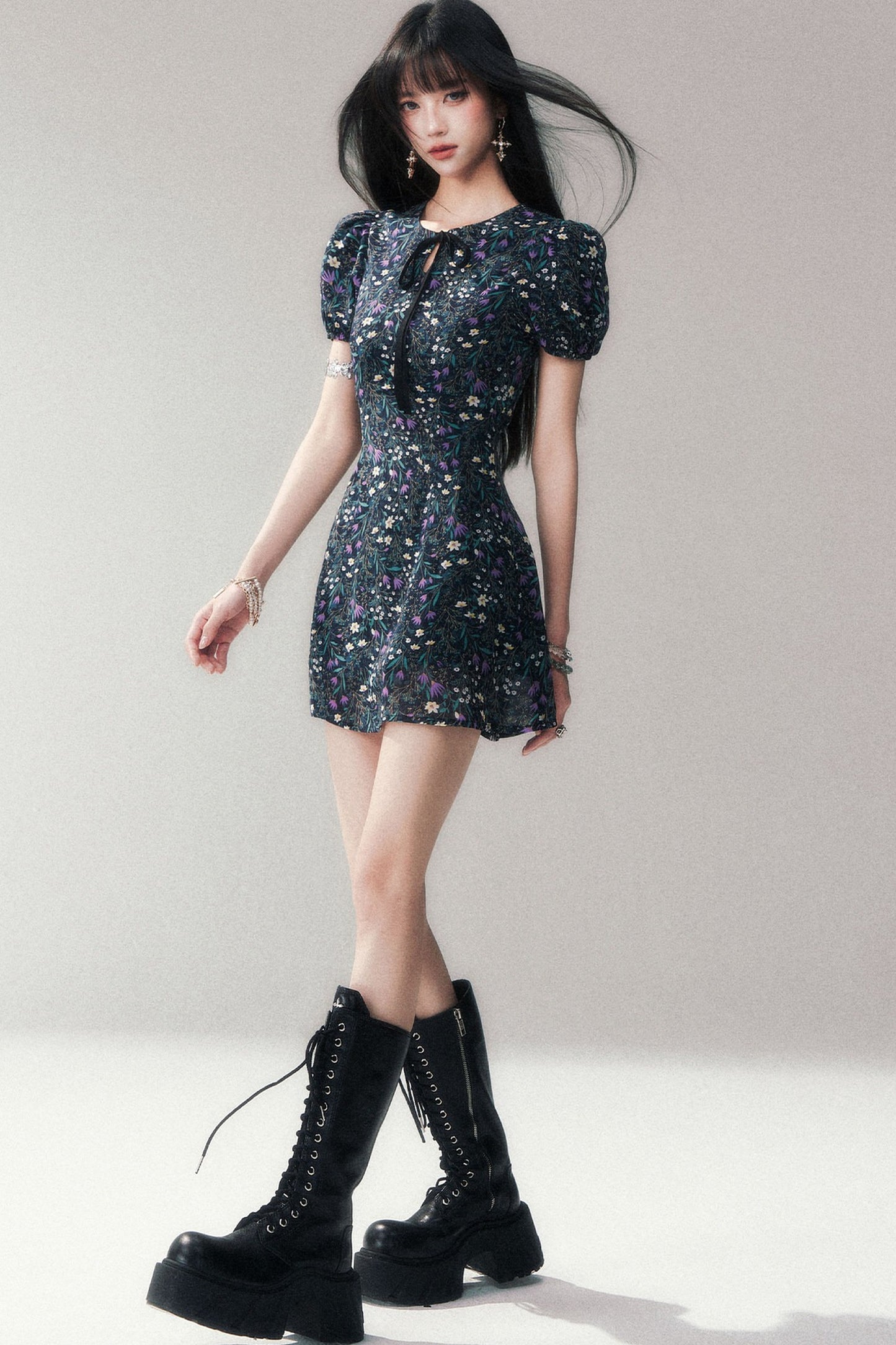 Purple Lilac Floral Puff Sleeve Dress