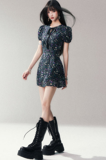 Purple Lilac Floral Puff Sleeve Dress