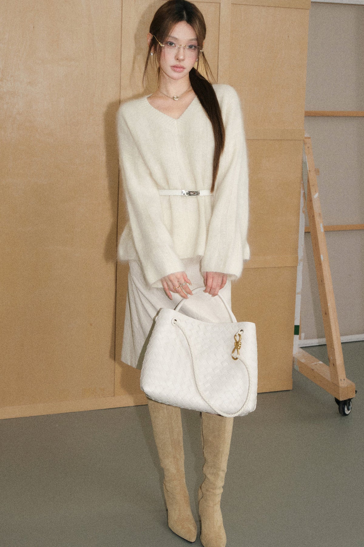 Brushed Wool Pullover Top and Off-White Skirt Set-Up