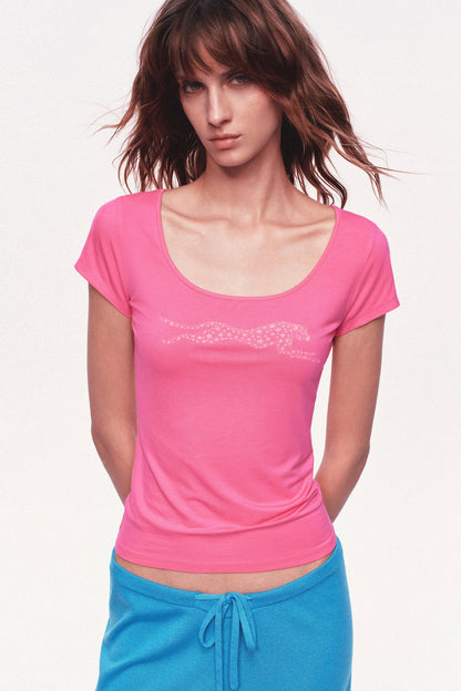 Large U-Neck Leopard Print Slim-Fit Short-Sleeve T-Shirt