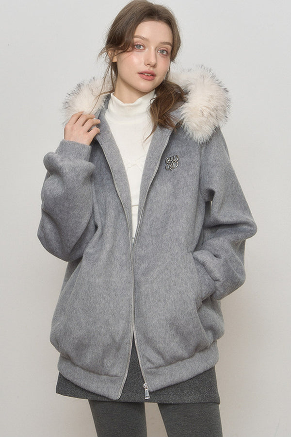 Hooded Fur Collar Woolen Jacket