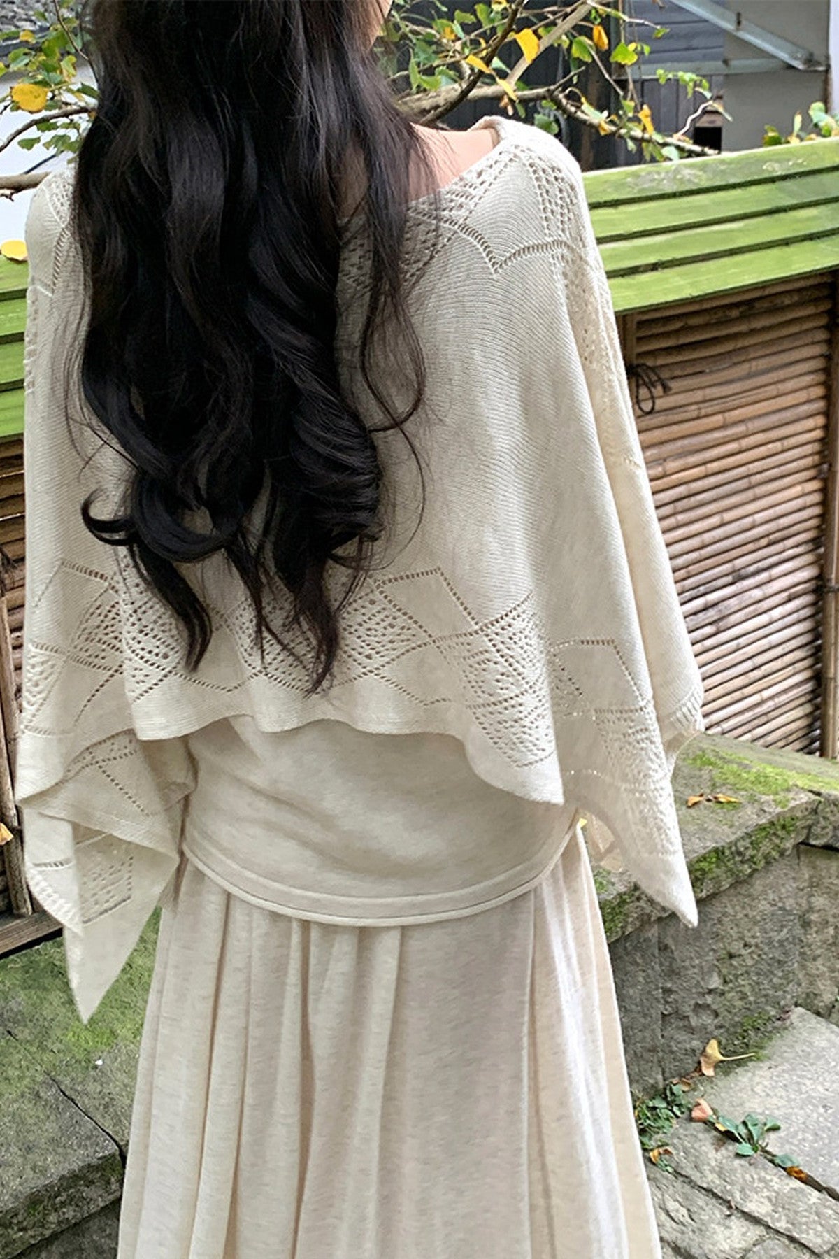 Three-Way Drape Collar Knit Shawl and Skirt Set