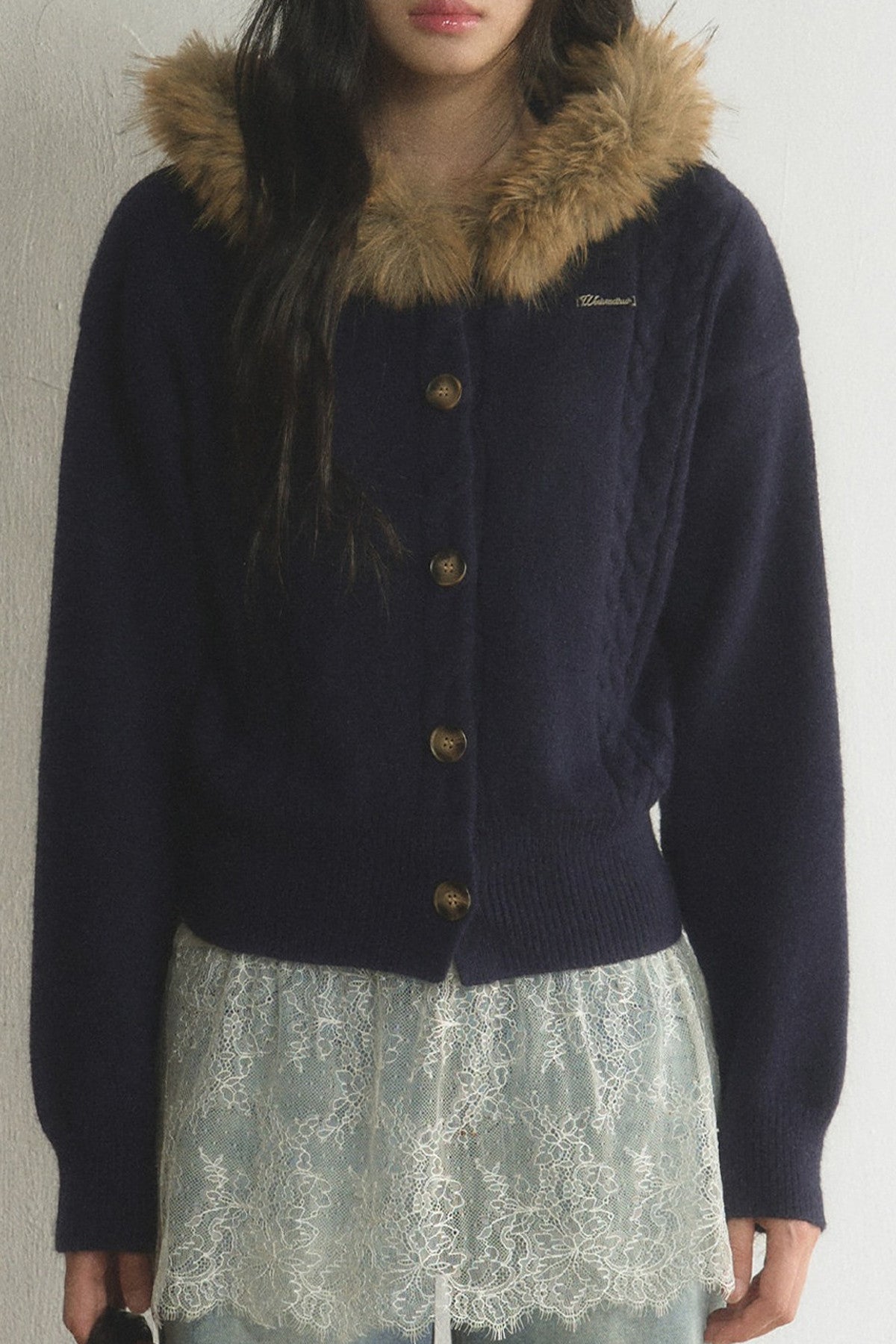 Fur Collar Hooded Cable Knit Cardigan Set-Up