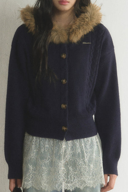 Fur Collar Hooded Cable Knit Cardigan Set-Up