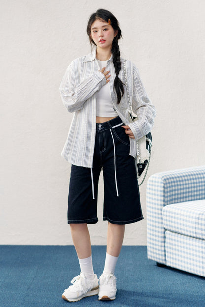 Washed Denim Drawstring Shorts