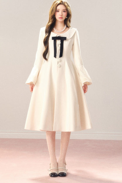 Flared Off-White Mid-Length Coat Dress