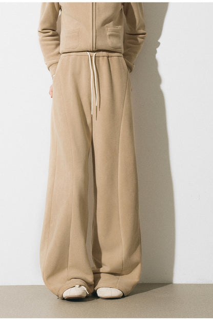 Oatmeal Fleece Hooded Sweatshirt Jacket and Wide-Leg Pants Set-Up