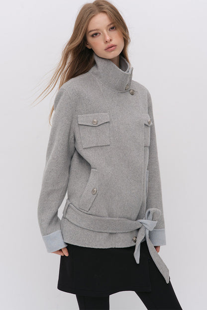 Belted Stand Collar Wool Coat