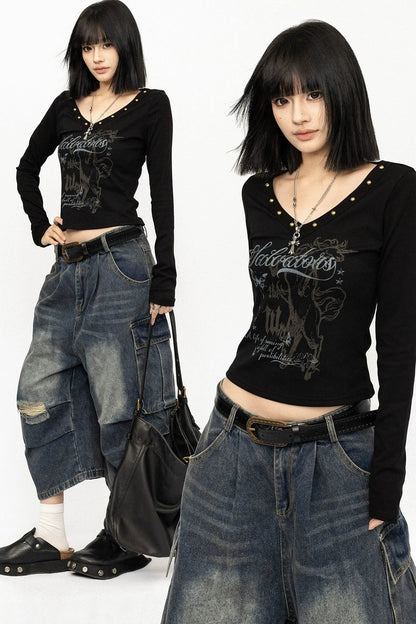 Black Studded V-Neck Long Sleeve Top