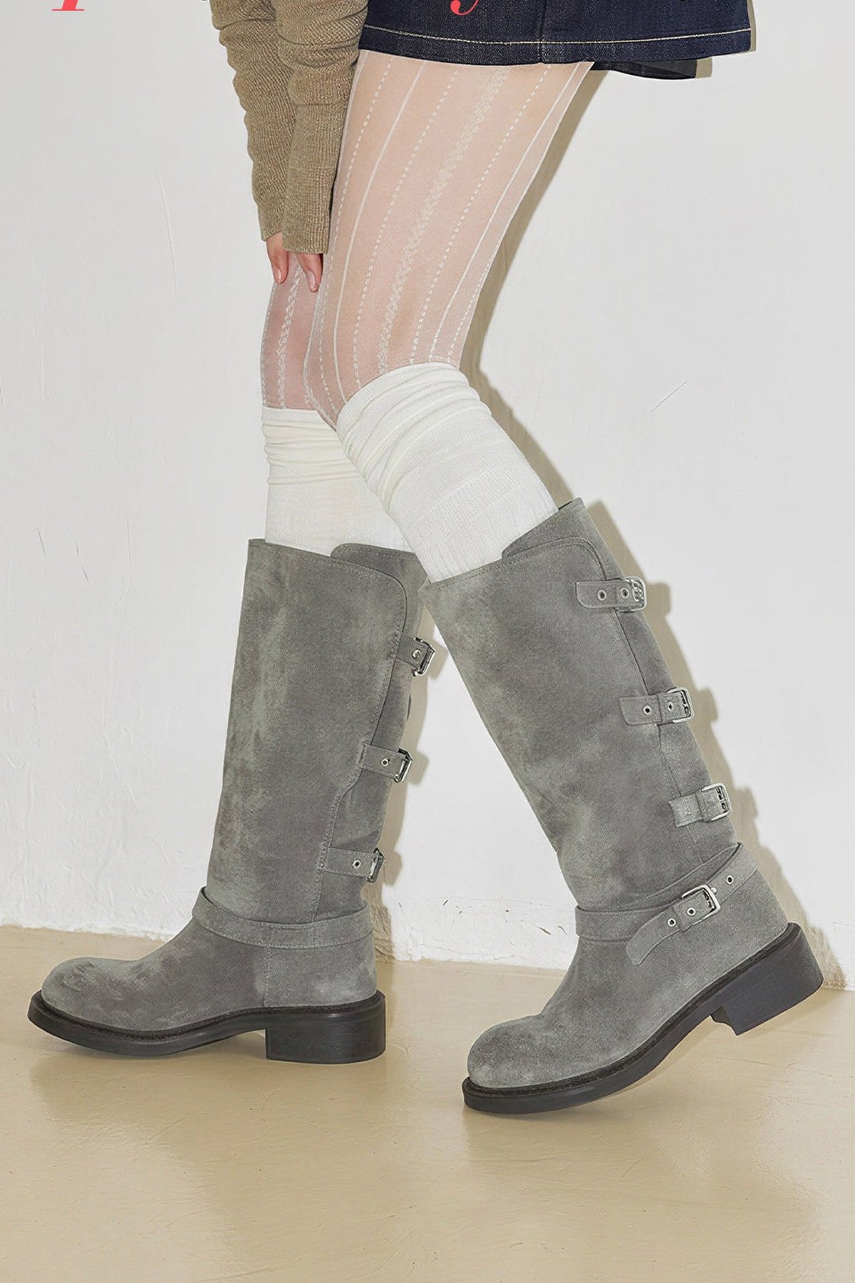 Belt Buckle Chunky Heel Long Boots