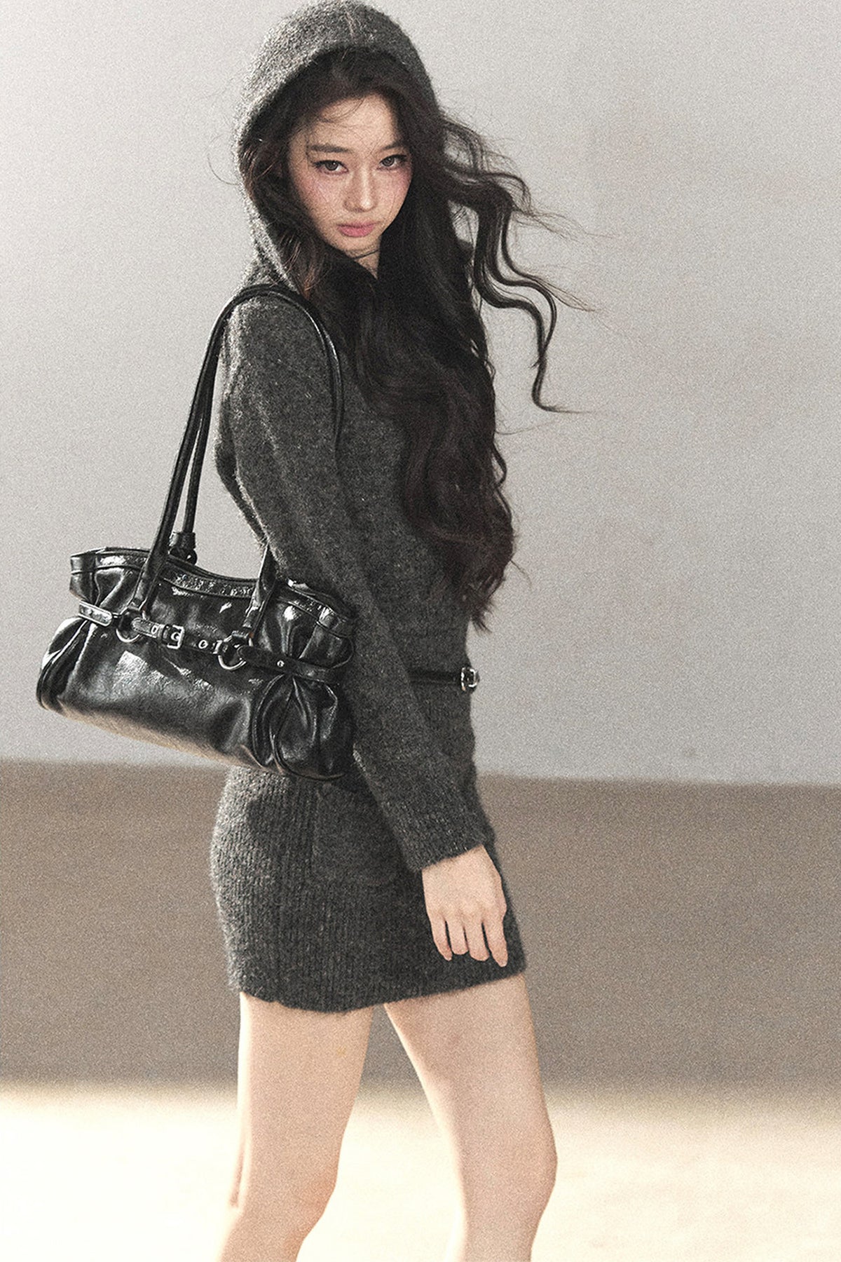 Whale Gray Wool Hooded Bodycon Sweater Dress