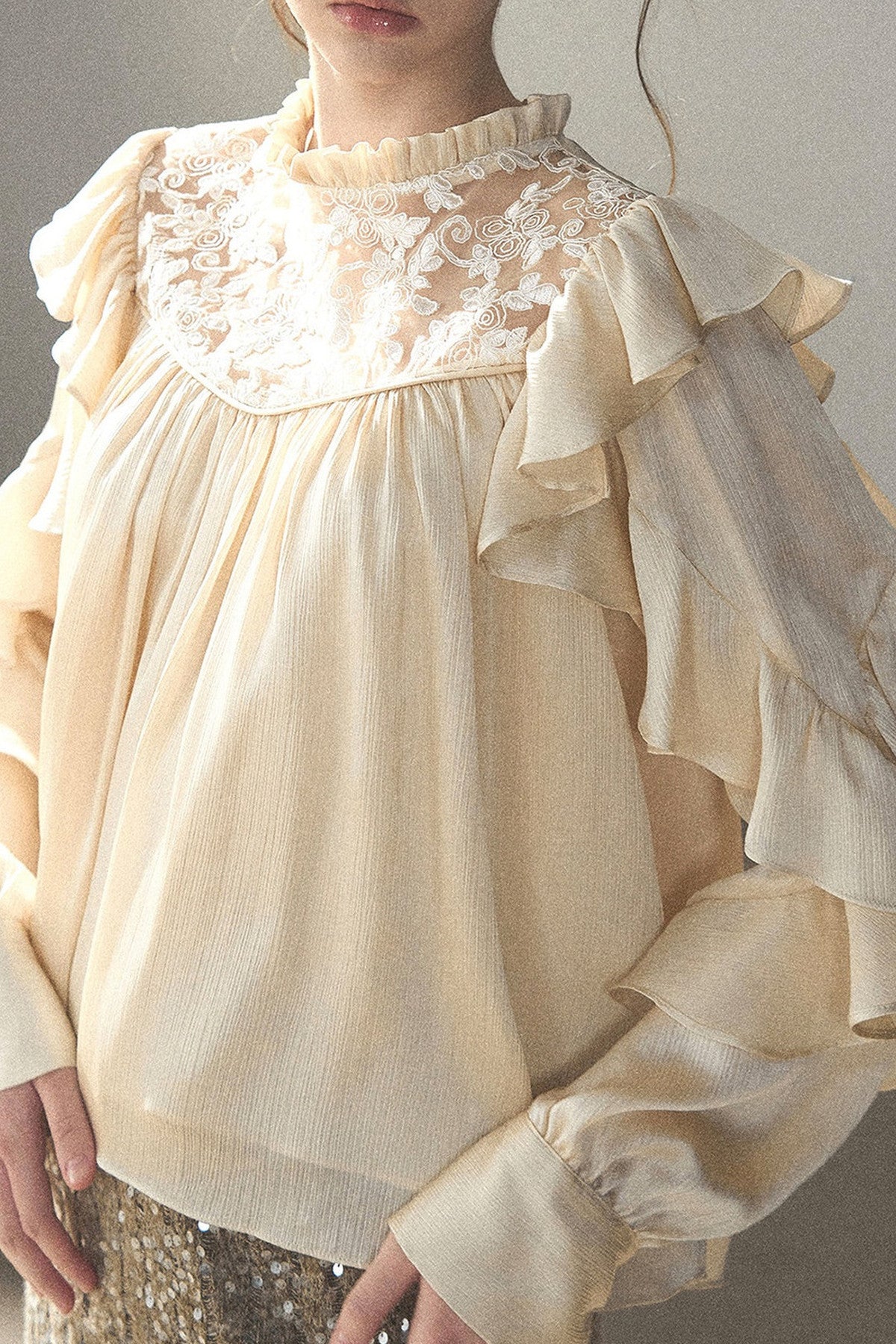Ruffled Lace Patchwork Textured Chiffon Blouse