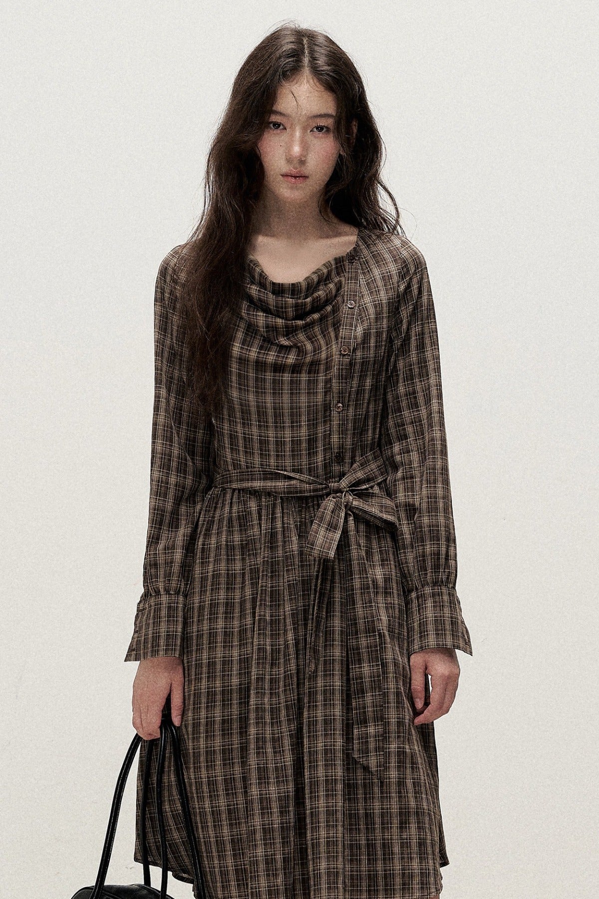 Diagonal Placket Plaid Ribbon Dress