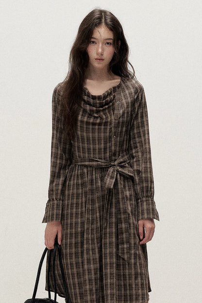 Diagonal Placket Plaid Ribbon Dress