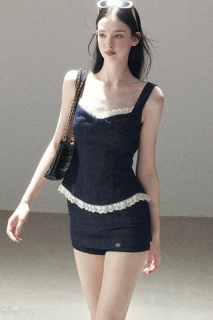 Tiefsee-Jeans-Trägertop und kurze Hose im Set