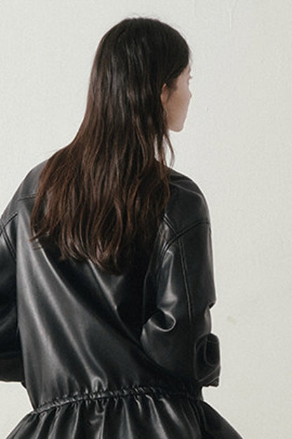 Drawstring Design Leather Jacket