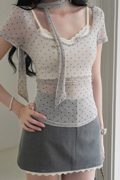 Gray Lace Polka Dot Top Skirt Set-Up