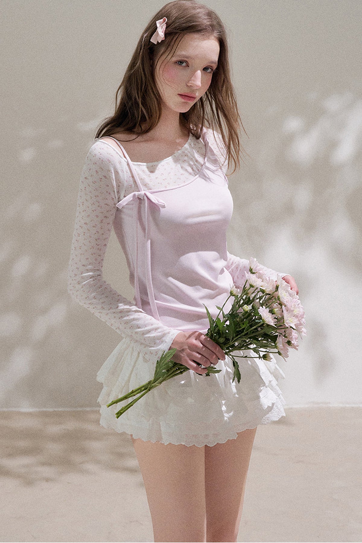 Layered-Look Floral Long Sleeve Blouse