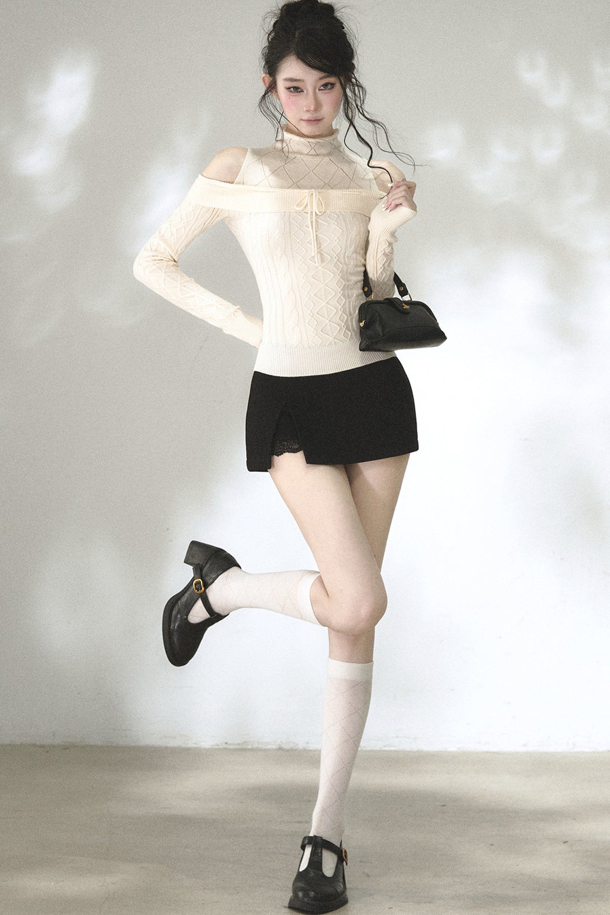 Hollow-Out Off-Shoulder Diamond Knit Top