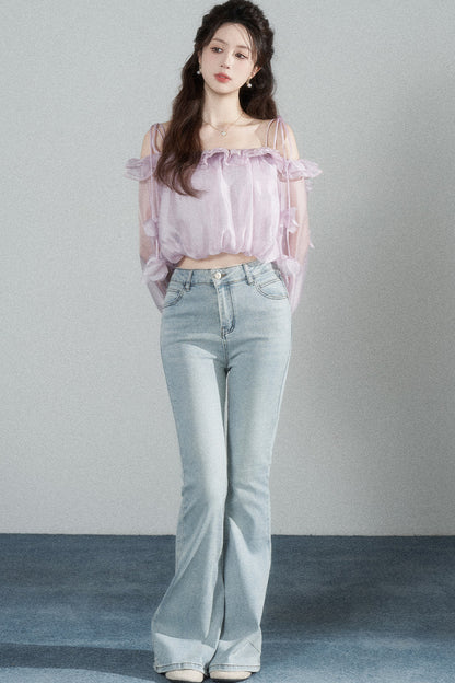 Ruffled One-Shoulder Chiffon Blouse
