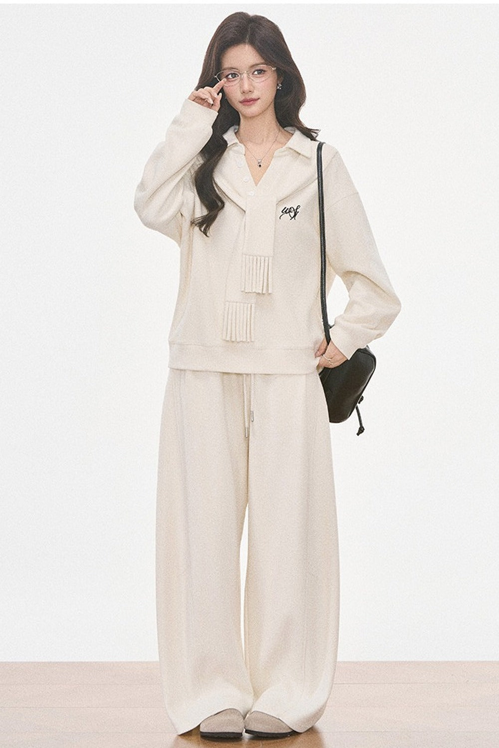 Knit Scarf Sweatshirt and Sweatpants Set-Up